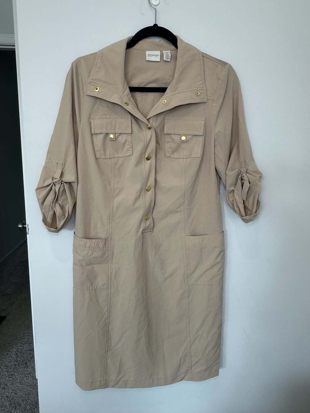 Zenergy Utility Shirtdress Size 1xL Tan Roll Sleeve Pockets